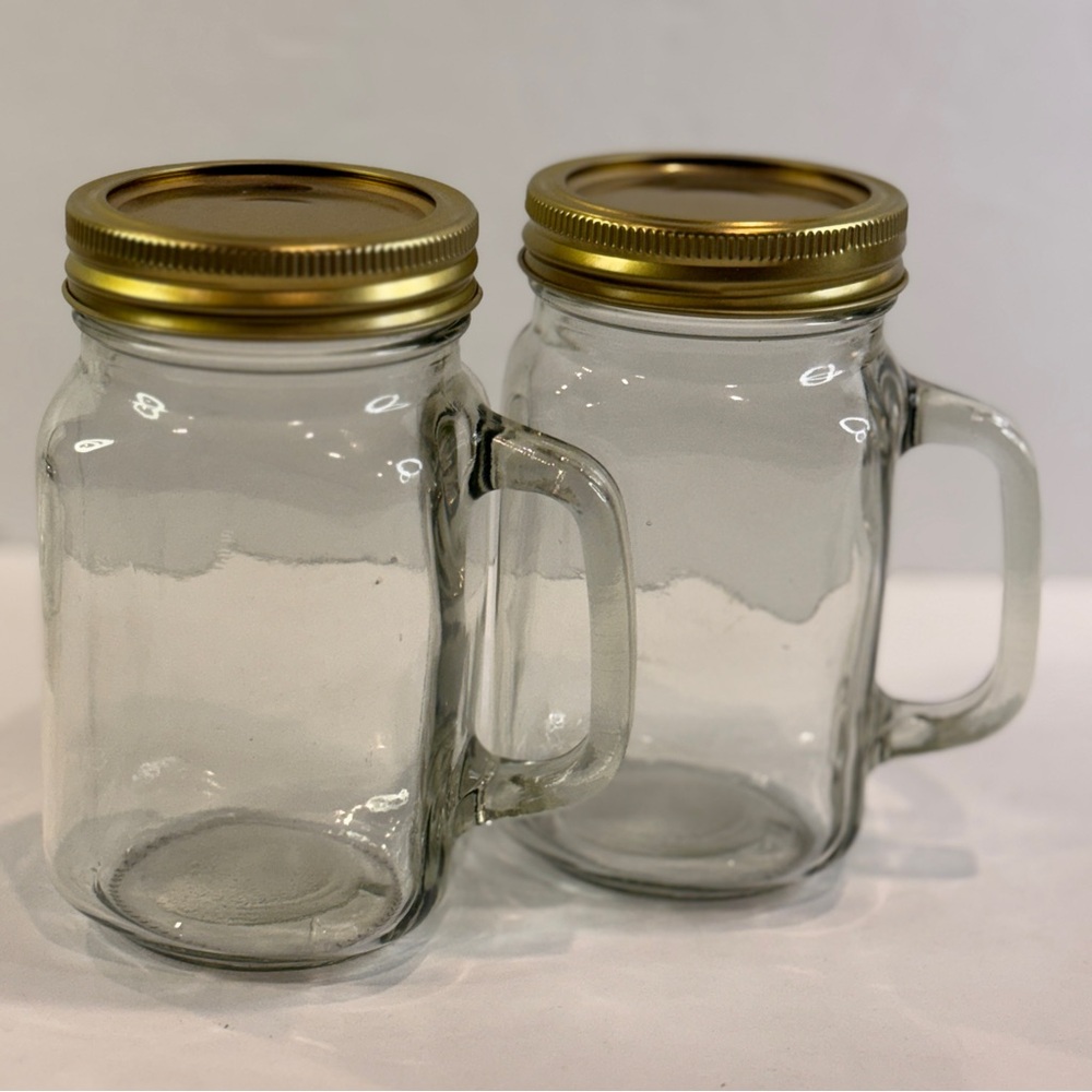 ✨ Vintage Mason Jar Drink Mugs with Gold Lids — Set — Rustic Farmhouse Charm